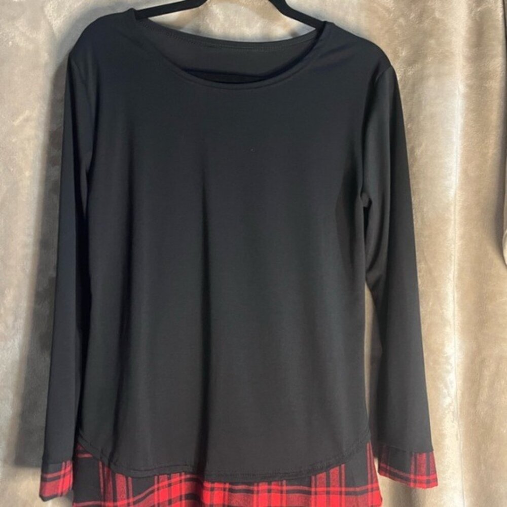 Black Long Sleeve Tunic Top Red Buffalo Plaid Cuff Hemline Round Neckline Large - Picture 6 of 10